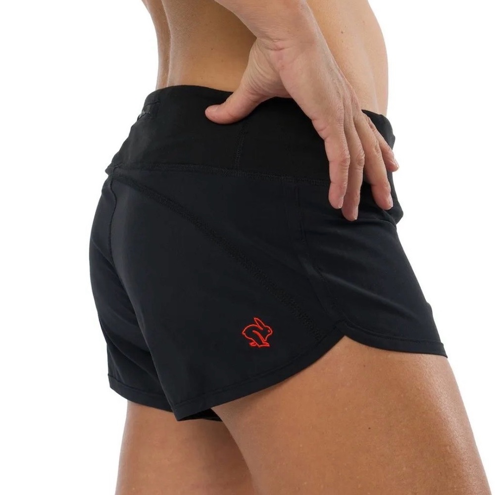 Women's Black Athletic Shorts with Red Logo Accent